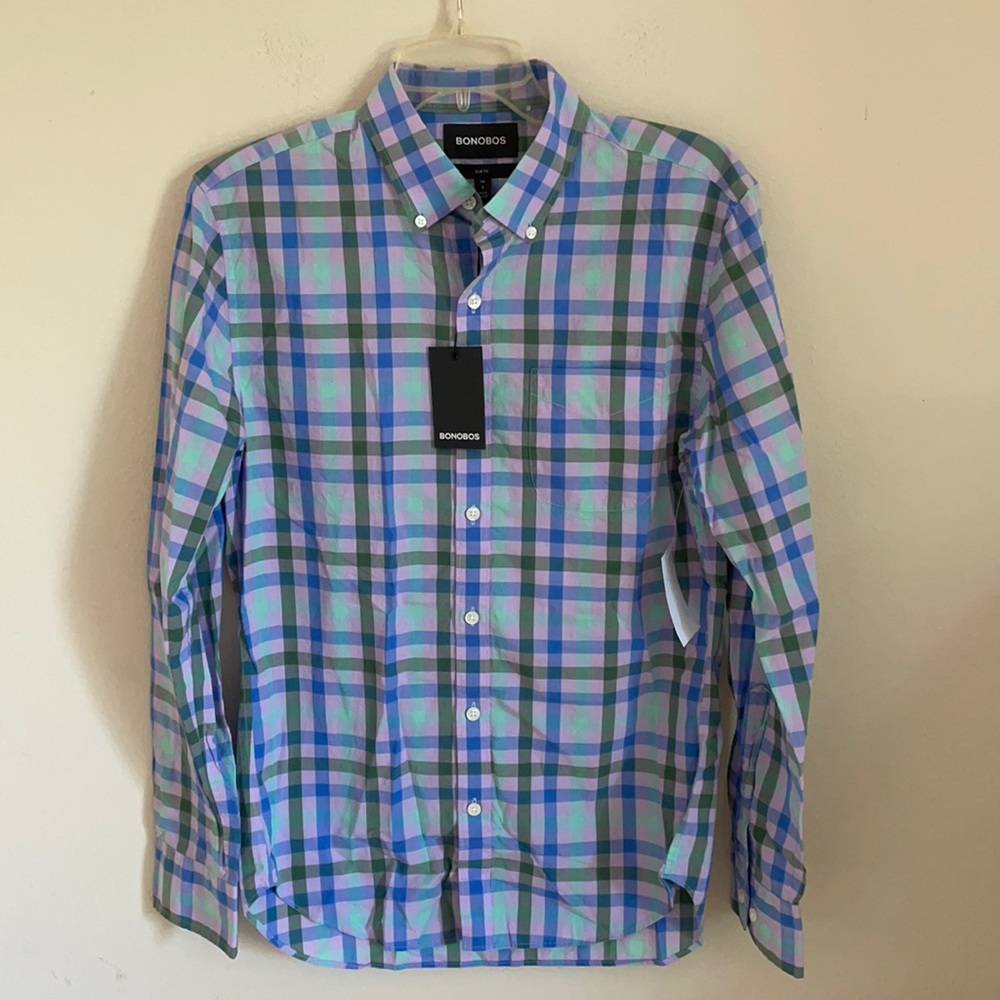 Bonobos Mens Slim Fit Blue Pink Green Ajex Plaid Button Down Shirt NWT